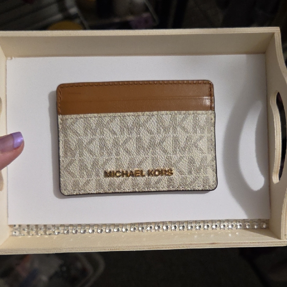 Michael Kors Beige and Tan MK Logo Card Holder with Gold Logo
